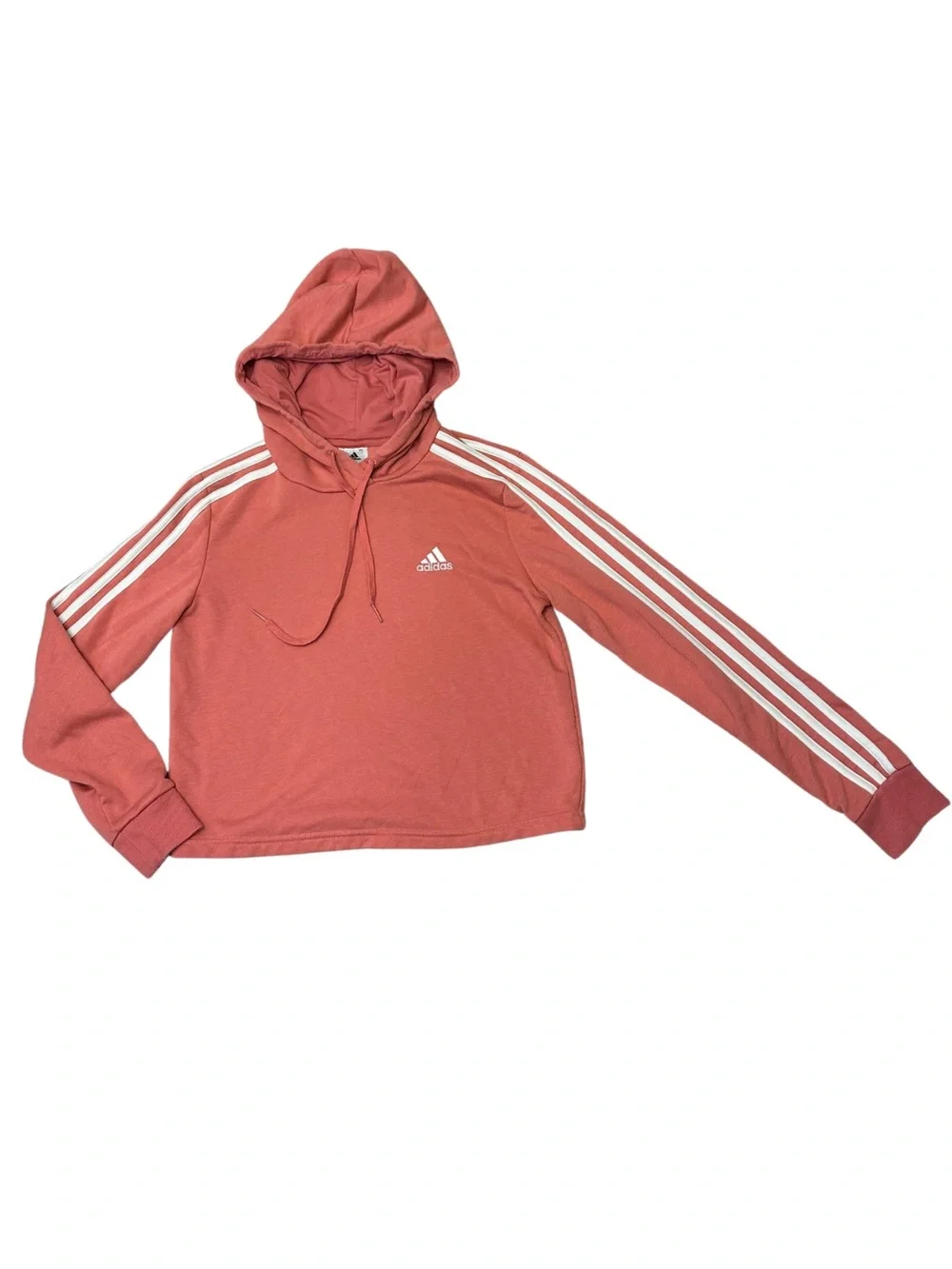 Adidas Cropped Hoodie XS Hazy Rose Pink 3-Stripes Athleisure Sweatshirt - Picture 2 of 11
